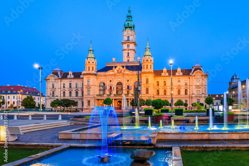 Gyor, Hungary. View of the town hall and water fountain at night.
