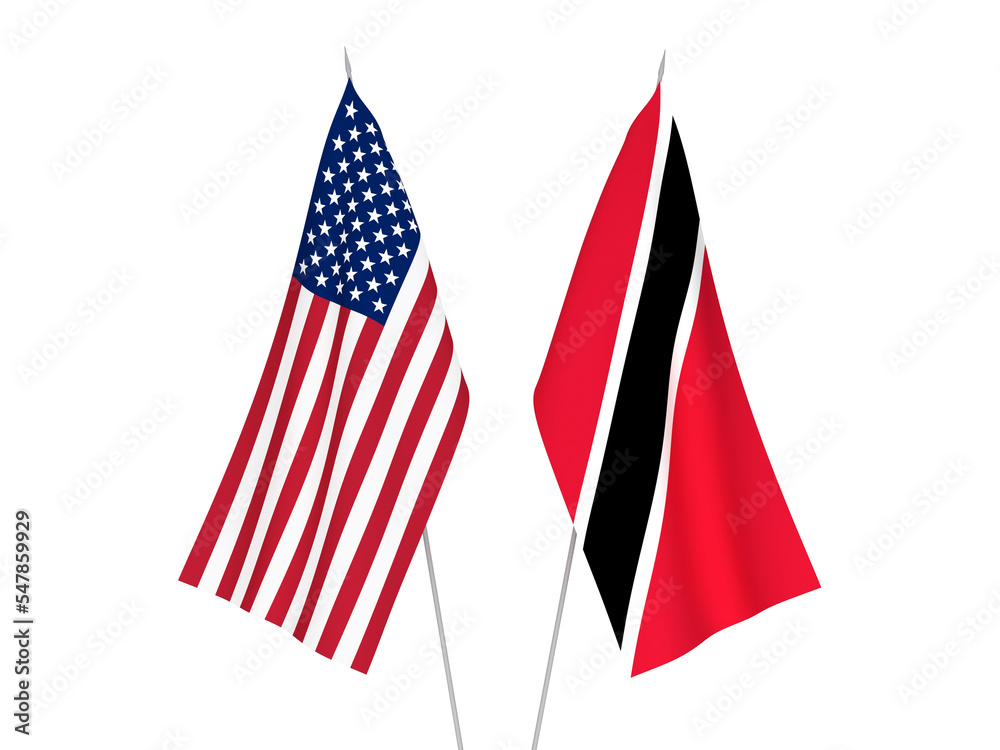 National fabric flags of America and Republic of Trinidad and Tobago isolated on white background. 3d rendering illustration.