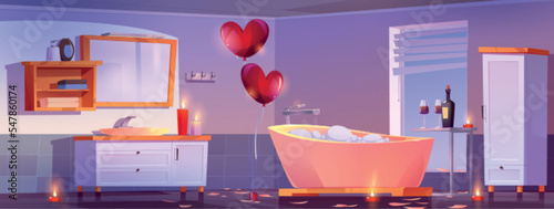 Romantic bathroom atmosphere for couple dating. Bathtub with foam, candles, heart balloons, wine and glasses at modern home or hotel interior, cartoon apartment background, Vector illustration
