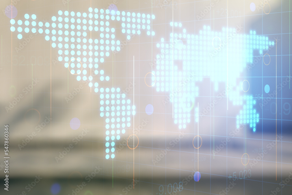 Obraz premium Multi exposure of abstract creative digital world map hologram on blurry modern office building background, tourism and traveling concept