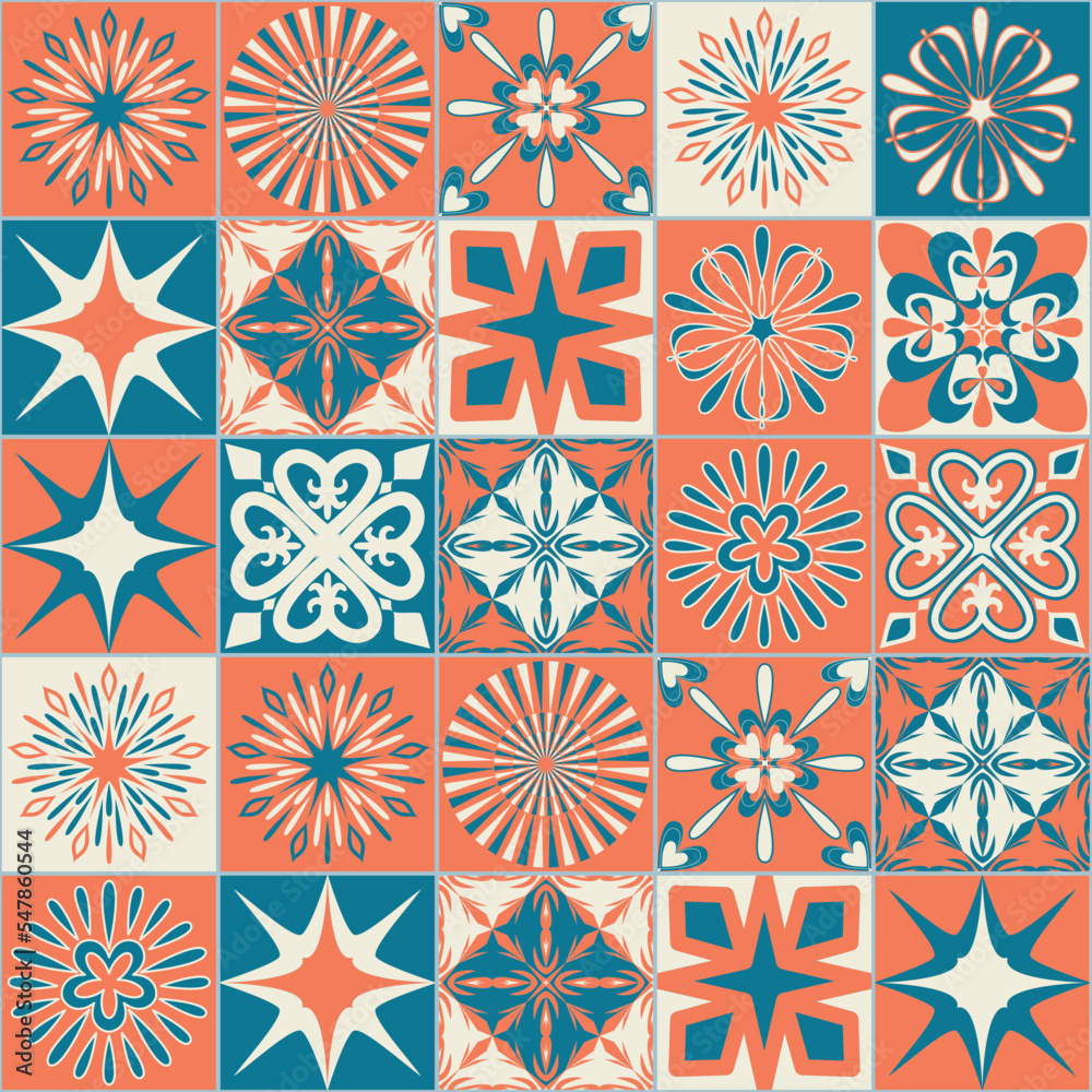 Ceramic tile with square patterns orange blue color, trendy patchwork ceramic tile