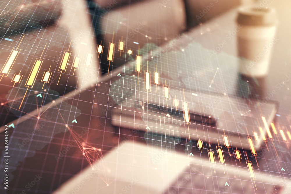 Multi exposure of abstract financial diagram with world map on computer background, banking and accounting concept Multi exposure of abstract financial diagram with world map on computer background, banking and accounting concept