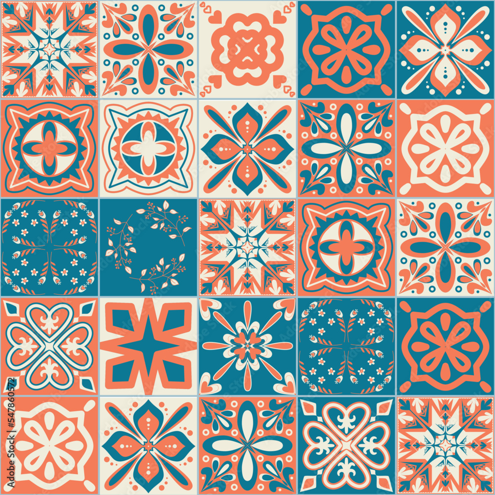 Ceramic tile with square patterns orange blue color, ceramic tile design vector Illustration