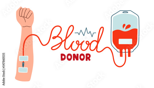 Blood donor, blood bag and hand. Hand drawn Vector illustrations. Donate Blood, Health Care Concept vector