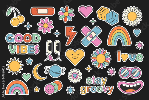 Retro 70s hippie stickers, groovy elements. Cartoon funky flowers, rainbow, vintage hippy style element vector set. Stock vector graphics. flowers, rainbow, heart, emotions. Colorful retro elements.