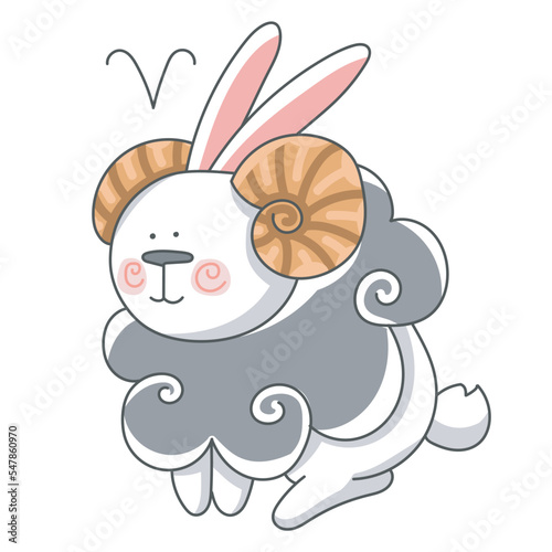 Illustration with white rabbit. Zodiac signs. Hare Aries. Aries Horoscope. Symbol of 2023.