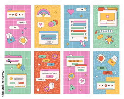 Cute nostalgic 90s retro vaporwave post and story template. Social media stories and posts with old computer aesthetic ui elements vector set. Vector Illustration of retro groovy abstract interface.