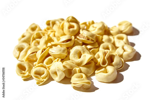 Tortellini pasta isolated on white background. Fresh Tortellini with raw prosciutto. Italian stuffed pasta