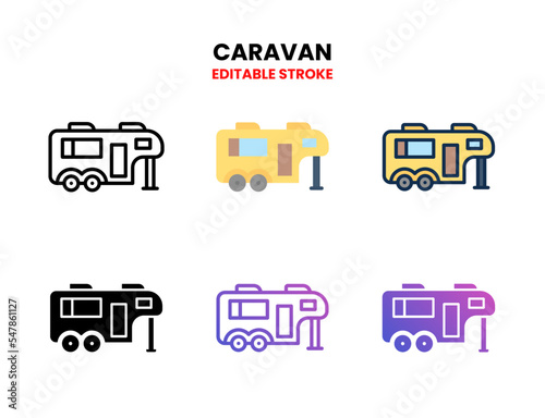 Caravan icon set vector line, outline, glyph, filled line, flat color, line gradient and flat gradient. Editable stroke and pixel perfect. Can used for digital product, presentation, UI and many more.