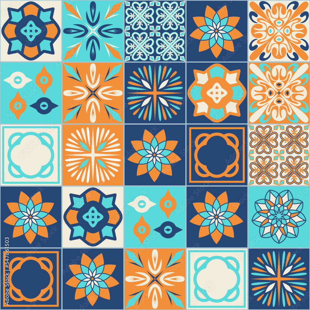 Mediterranean style ceramic tiles, square tile blue orange ivory color background Mediterranean style ceramic tiles, square tile blue orange ivory color background