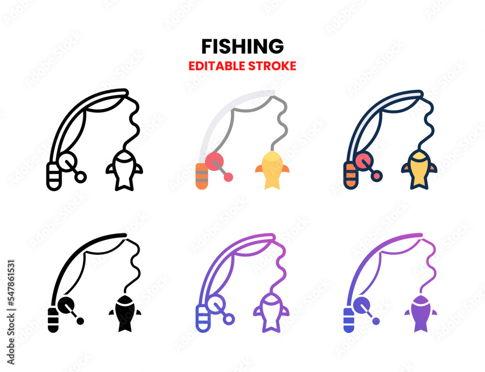 Fishing icon set vector line, outline, glyph, filled line, flat color, line gradient and flat gradient. Editable stroke and pixel perfect. Can used for digital product, presentation, UI and many more.