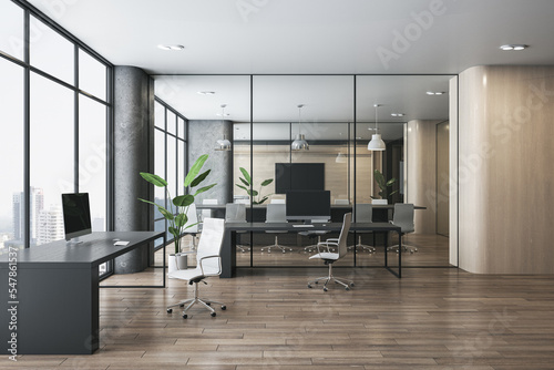 Luxury wooden, concrete and glass coworking office interior with furniture, equipment, window and city view. Law, legal and commercial workplace concept. 3D Rendering. photo