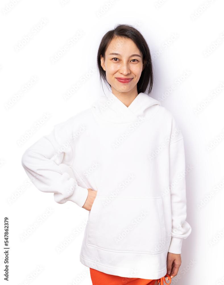 Asian woman in white hoodie looking at camera and smiling. Chinese woman looking at camera Clothes empty space for your information copy space, white background Asian woman in white hoodie looking at camera and smiling. Chinese woman looking at camera Clothes empty space for your information copy space, white background