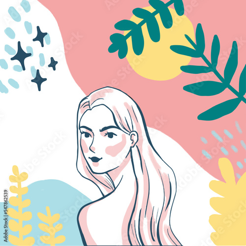  Pastel color content for instagram illustration of Woman with long hair  showing her shoulder vector. Perfect for beauty product and cosmetic content   packaging  and mascot 