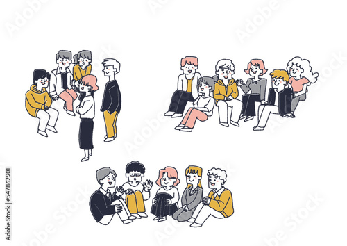 集まって意見を交わす若者たちのイラスト