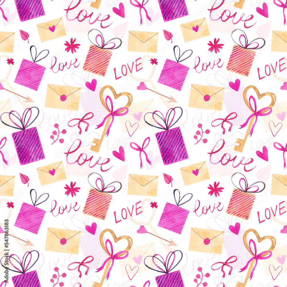 Watercolor seamless pattern valentine's day. Romantic print with gifts, hearts, keys, bows, love letter, envelope. Designer pattern for decoration