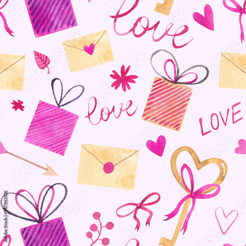 Watercolor seamless pattern valentine's day. Romantic print with gifts, hearts, keys, bows, love letter, envelope. Designer pattern for decoration