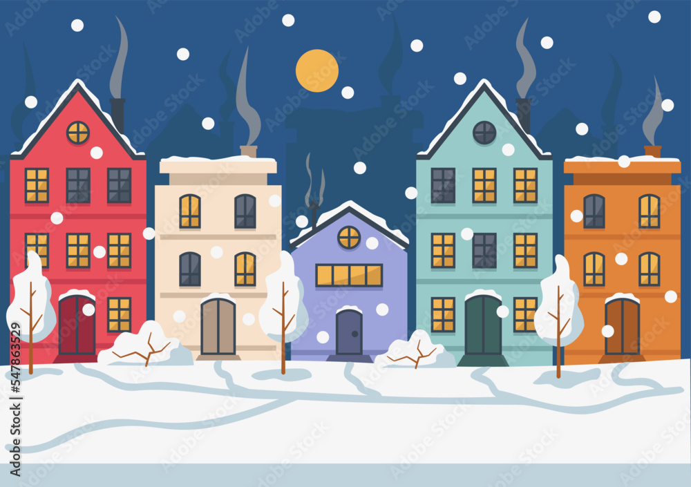 Beautiful winter city landscape. Evening or night. Snowing. Gift card. Vector graphic.