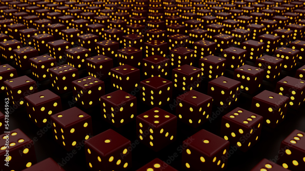 Obraz premium Many crimson and yellow game of chance dices backdrop - abstract 3D illustration