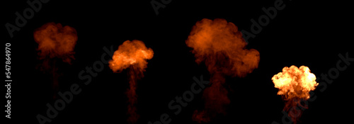 Four different flaming mushroom burstings, isolated - object 3D illustration photo