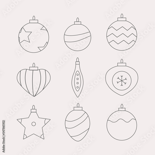Christmas ornaments, Christmas ball decorations, hanging ornaments set.
Christmas balls icons set. Line art. Flat vector. Linear black christmas balls icons isolated on white background.