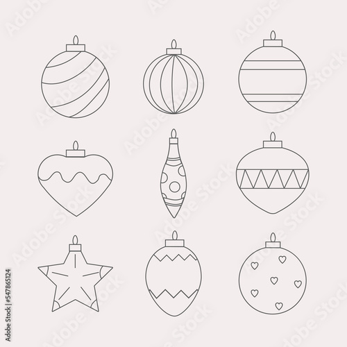 Christmas ornaments, Christmas ball decorations, hanging ornaments set.
Christmas balls icons set. Line art. Flat vector. Linear black christmas balls icons isolated on white background.