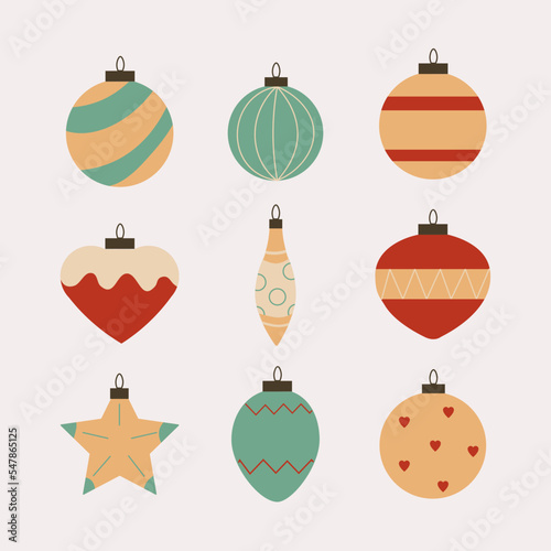 Christmas ornaments, Christmas ball decorations, hanging ornaments set.
Christmas balls icons set. Line art. Flat vector. Linear black christmas balls icons isolated on white background.