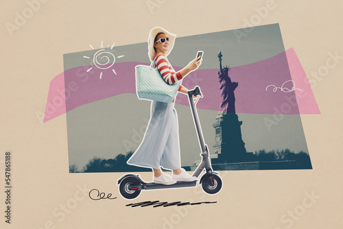 Tourist woman riding an electric scooter, vintage poster design © stokkete