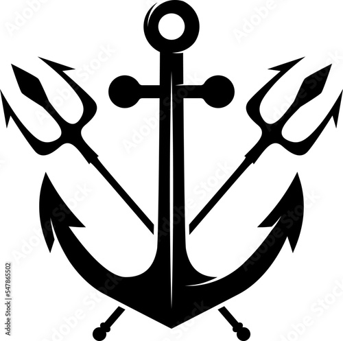 Illustration of sea anchor with crossed tridents. Design element for logo, sign, emblem. Vector illustration