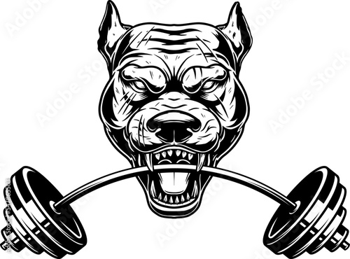 Angry dog head with gym barbell in teeth. Design element for logo, sign, emblem. Vector illustration