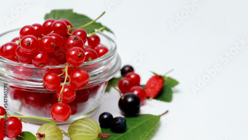 Bowl of healthy fresh berry fruit salad on white background. Berries overhead closeup colorful assorted mix of strawberry, blueberry, blackberry, red currant