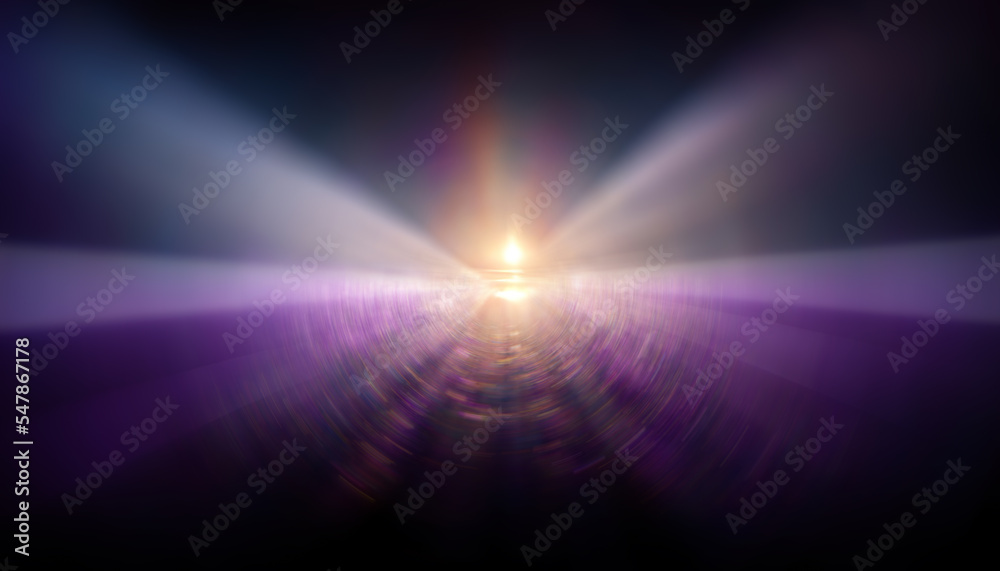 Blur glow. Chakra light. Spiritual enlightenment. Defocused purple orange color rays radiance motion on dark black collage abstract background.