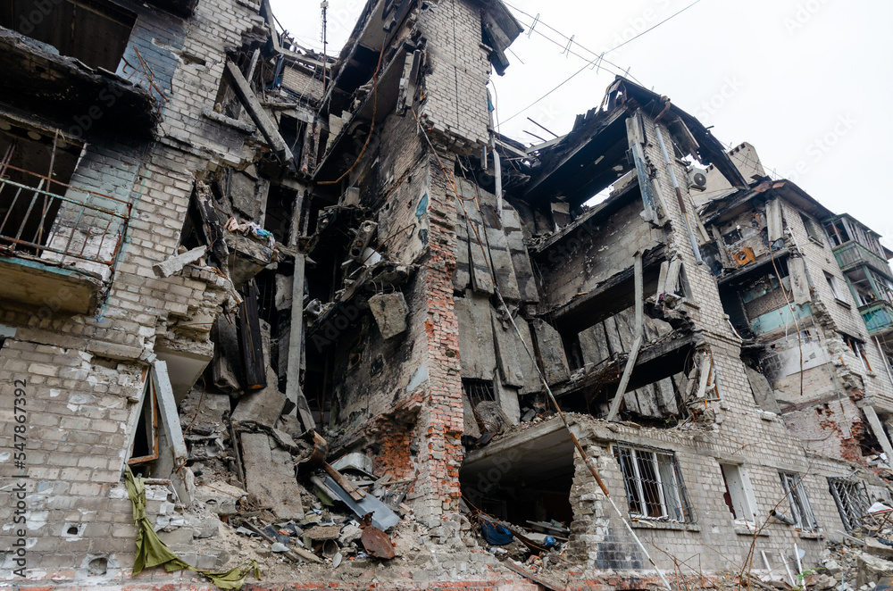 destroyed and burned houses in the city Russia Ukraine war