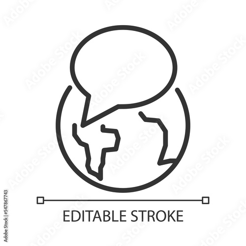 Globe with speech bubble pixel perfect linear icon. International communication. Wireless connection. Thin line illustration. Contour symbol. Vector outline drawing. Editable stroke. Arial font used