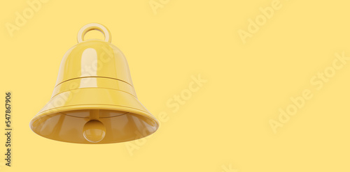 Yellow bell, notification symbol. 3D rendering. Icon on yellow background, space for text.