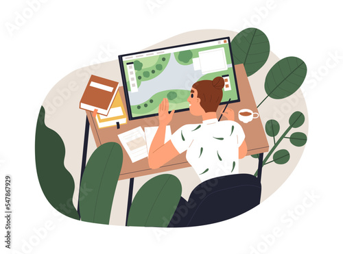 Landscape designer work. Woman creating garden plan, greening for environment, nature design with plants, working with digital tablet PC. Flat graphic vector illustration isolated on white background