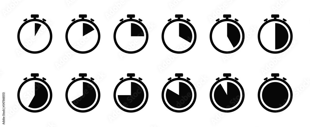 Stopwatch icon set, Timer, clock, and stopwatch symbol. 5 minutes to 1 hour isolated on white background. - obrazy, fototapety, plakaty 