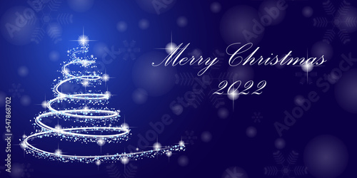 Blue Christmas card with white christmas tree.Vector illustration.