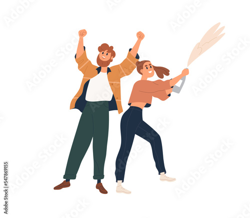 Happy couple celebrating event, opening champagne bottle. Man, woman at holid...