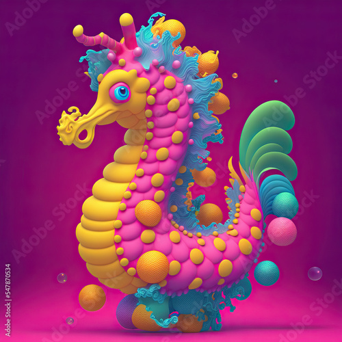 Illustration of a playful 3d isolated seahorse with texture and bubbles