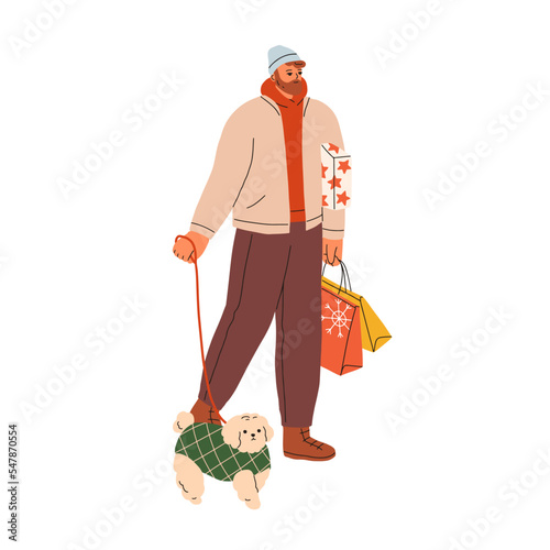 Man with Christmas gift boxes, shopping bags, walking with dog on leash on winter holiday. Happy person going on street, preparing for Xmas. Flat vector illustration isolated on white background