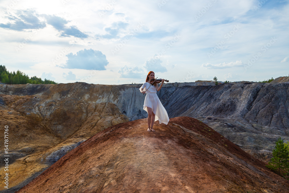 young woman standing in phacelia field. girl playing musical instrument called violin . concert in nature. violet flowers. lady wearing short white dress. martian landscape