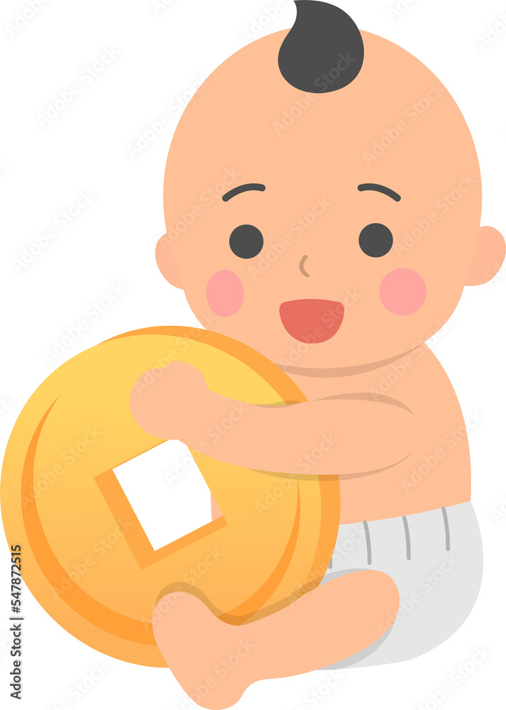 Happy cute baby or toddler with gold coins, elements for Chinese new year, vector cartoon style Happy cute baby or toddler with gold coins, elements for Chinese new year, vector cartoon style