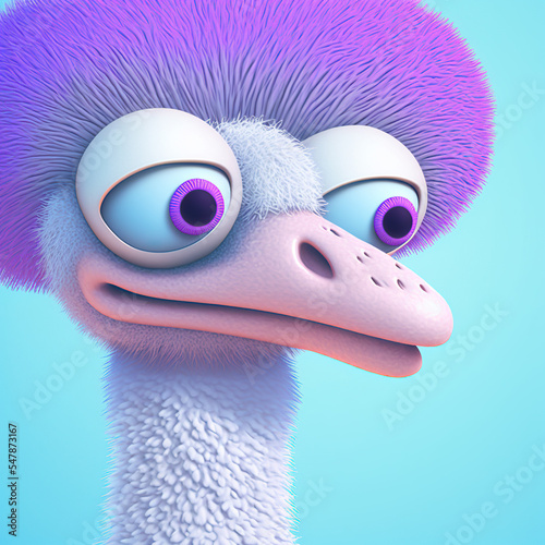 Illustration of a thoughtful flufy textured 3d purple ostrich  photo