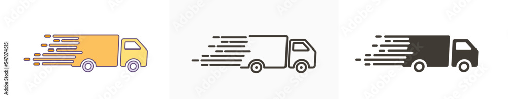 Fast Shipping service Icon with truck driving fast. Vector illustration in 3 styles for express delivery concepts