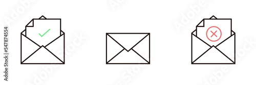3 Email vector icons. Closed envelope. Transaction error. Failed message sending. E-mail sent or received. Illustration design with letter, cross and check mark.