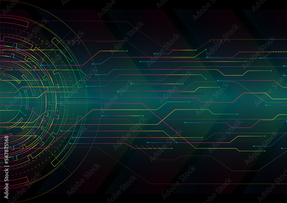 Fototapeta premium Futuristic high computer technology illustration. Hi-tech digital technology background. Abstract sci fi design colorful rainbow pattern on gradient green black