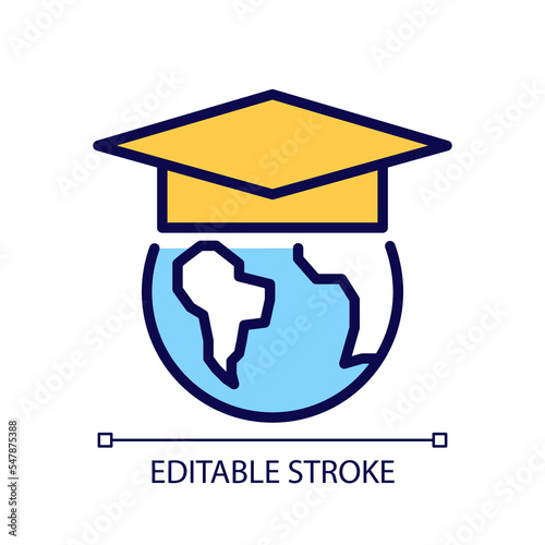 International education pixel perfect RGB color icon. Exchange student worldwide. Studying abroad. Isolated vector illustration. Simple filled line drawing. Editable stroke. Arial font used