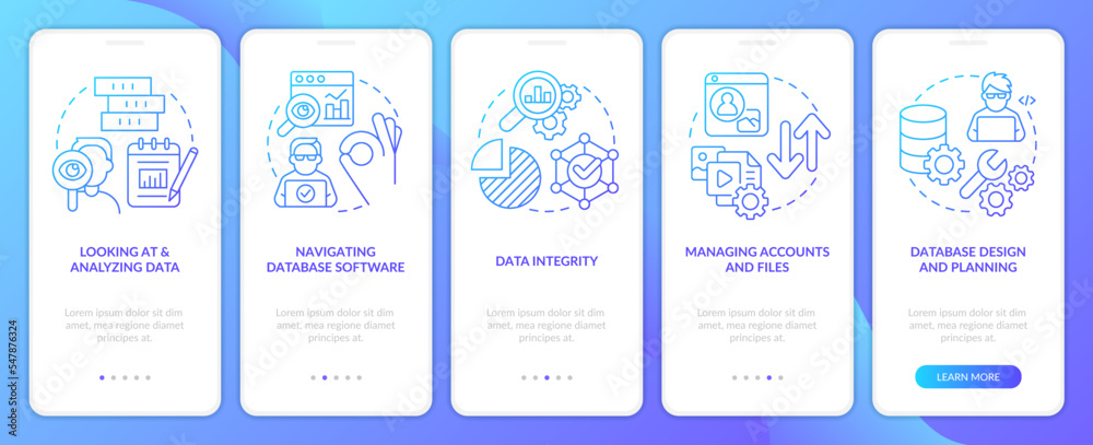 Data master skills blue gradient onboarding mobile app screen. Analytics walkthrough 5 steps graphic instructions with linear concepts. UI, UX, GUI template. Myriad Pro-Bold, Regular fonts used