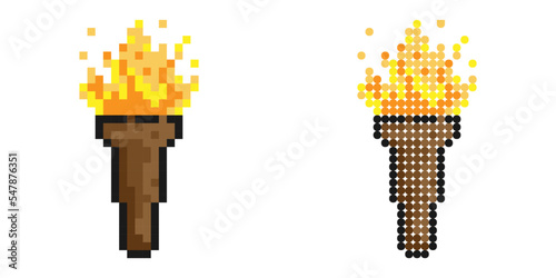 Pixel icon. Torch icon with burning fire. Road lighting. Simple retro game vector isolated on white background